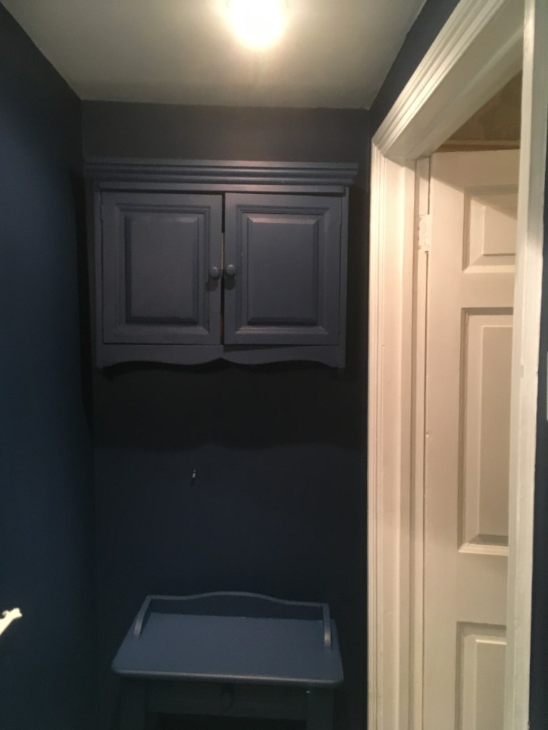 A newly painted bathroom - the bathroom door and frame is a shiny bright white, whilst the walls of the bathroom are a dark blue. A cupboard and table have been painted blue to match the walls.